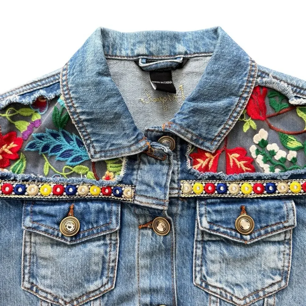 Desigual Fiorella Embroidered Denim Jacket Knitted Sleeves Bohemian Size 4 US - Picture 2 of 13